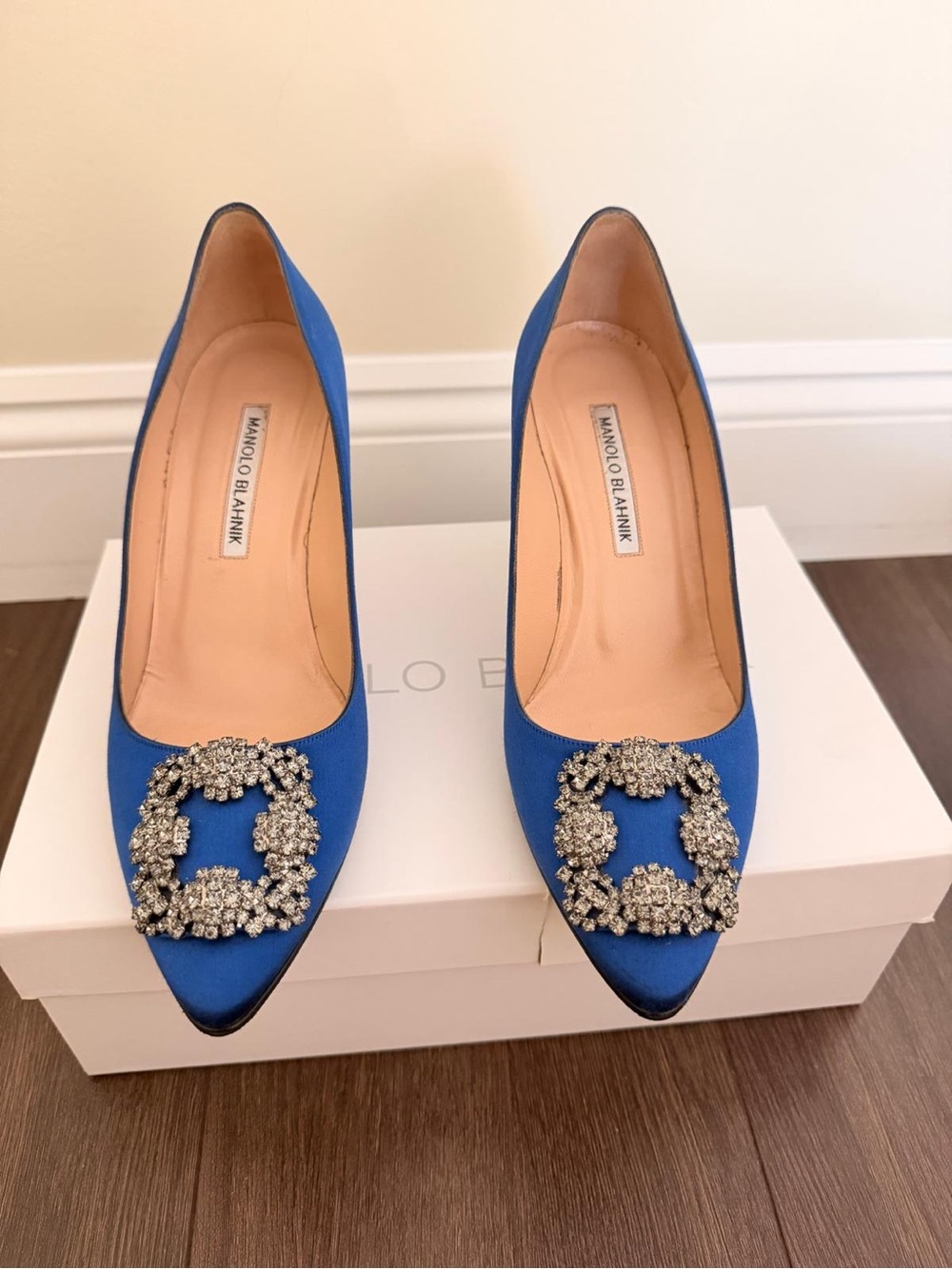 Manolo Blahnik Royal Blue Satin Pointed Pumps with Crystal Buckle